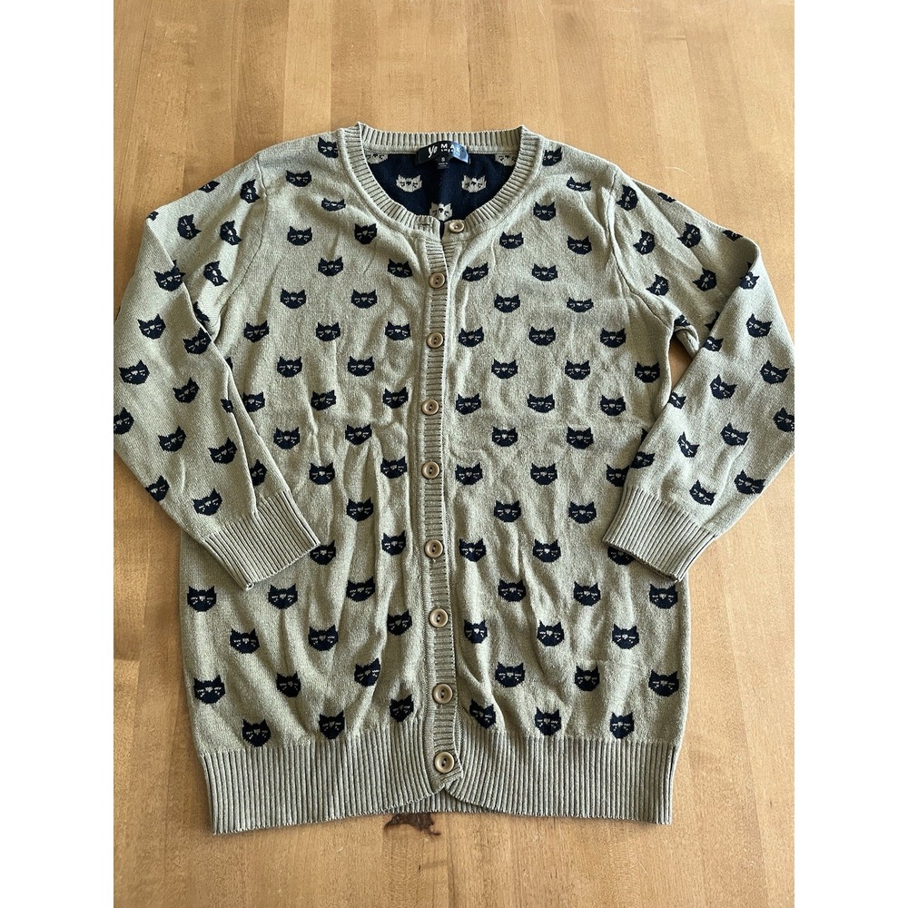 Ye Mak Cat Print Cardigan Sweater Womens S Beige Black Button Front Cute